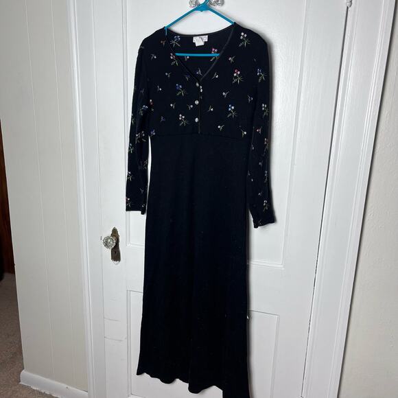 Vintage Dresses & Skirts - Vintage Women's Expo Black Long Sleeve Knit Floral Embroidered Sweater Dress 8